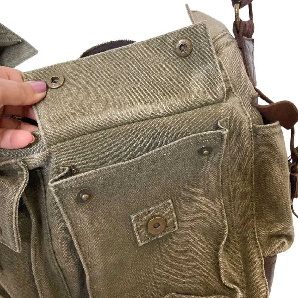 Vintage Military Leather Canvas Laptop Bag Messenger Army Green Adjustable Strap